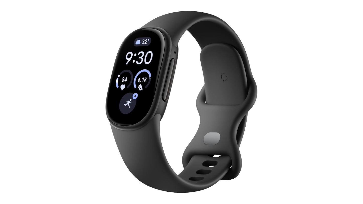A right-angled view of the Google Fitbit Edge - Matte Black Aluminium Case with Obsidian Active Band