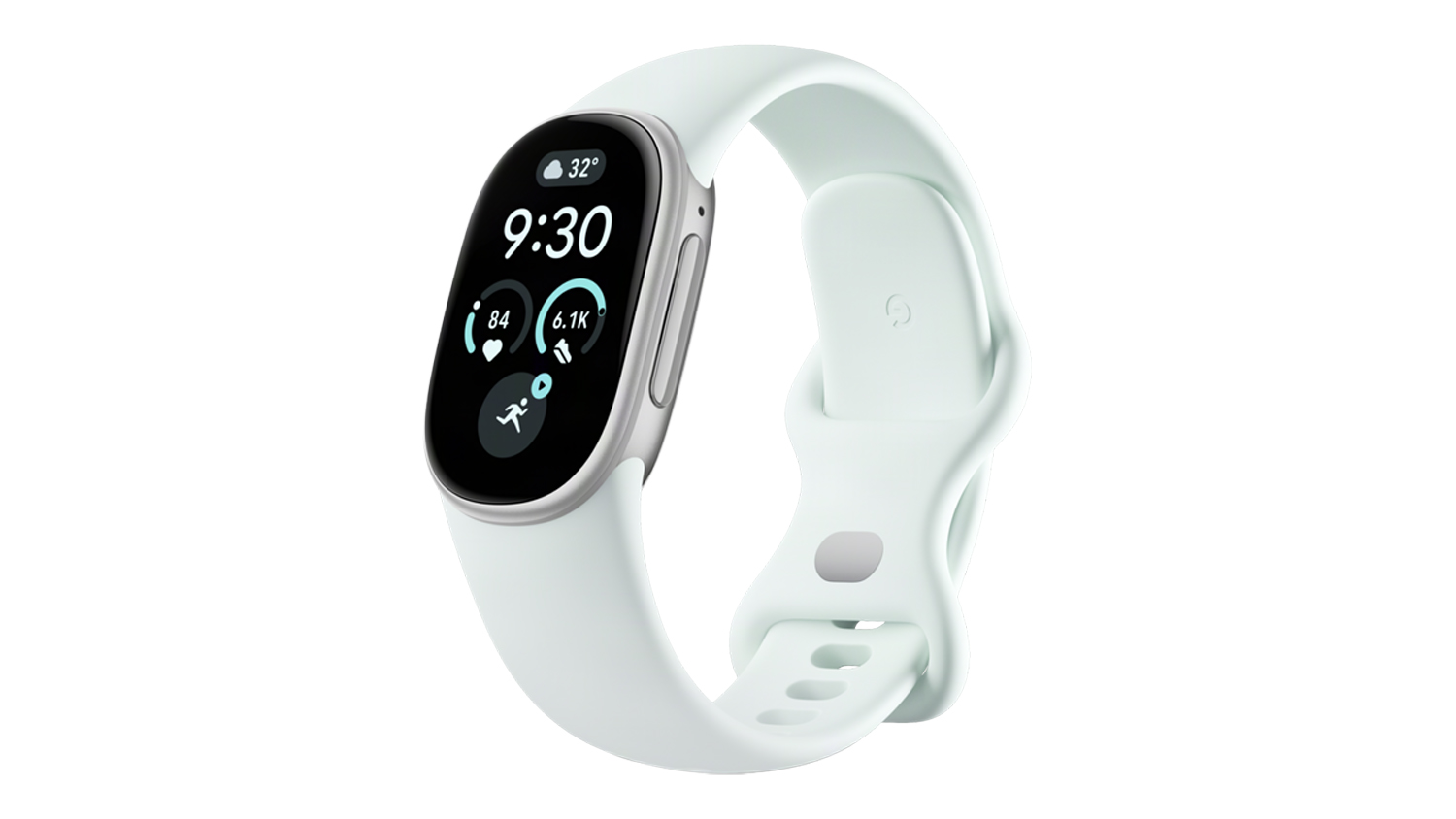 A right-angled view of the Google Fitbit Edge - Satin Silver Aluminium Case with Fog Active Band