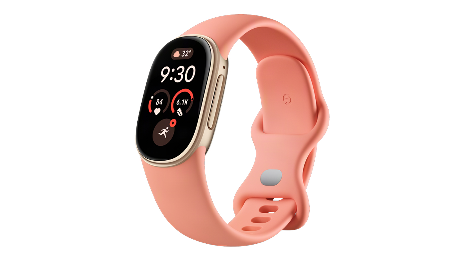 A right-angled view of the Google Fitbit Edge Champagne Gold Case with Canyon Active Band
