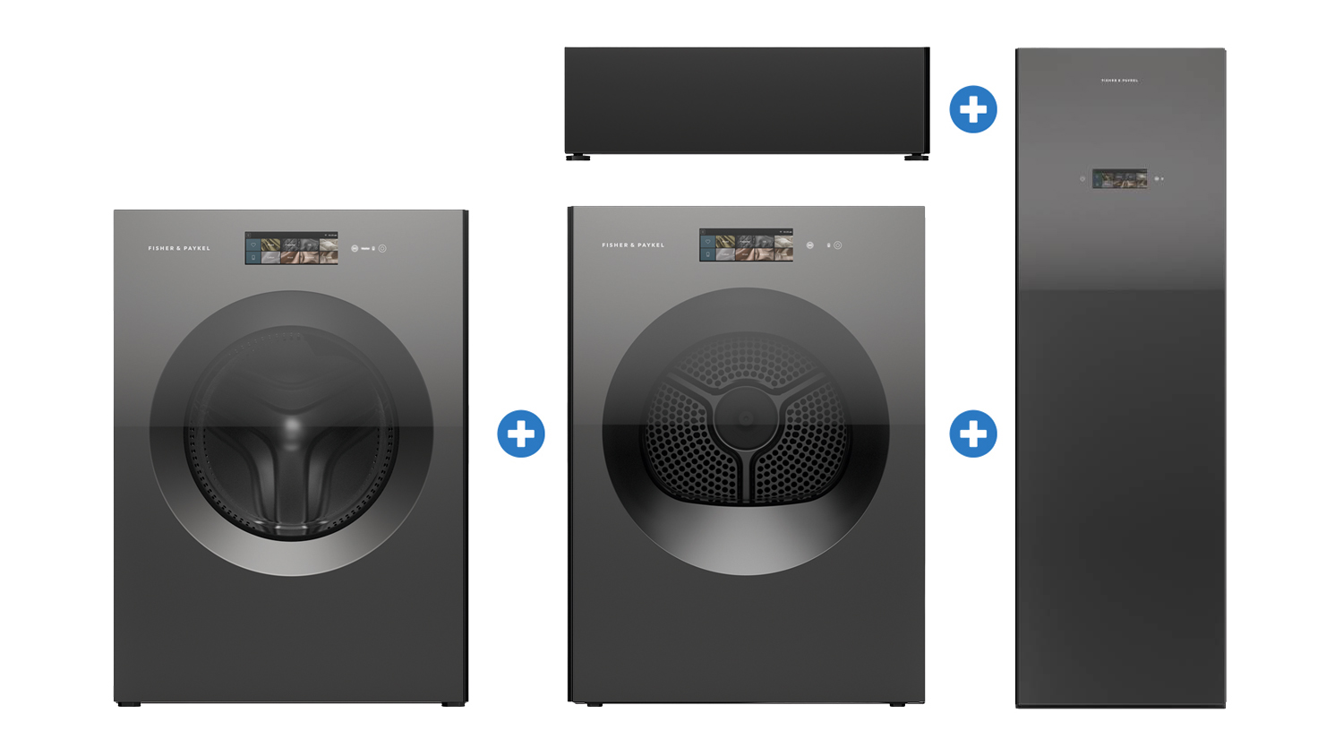 Fisher & Paykel 12kg Washing Machine & 10kg Heat Pump Dryer with Series 11 Fabric Care Cabinet & Storage Platform Package