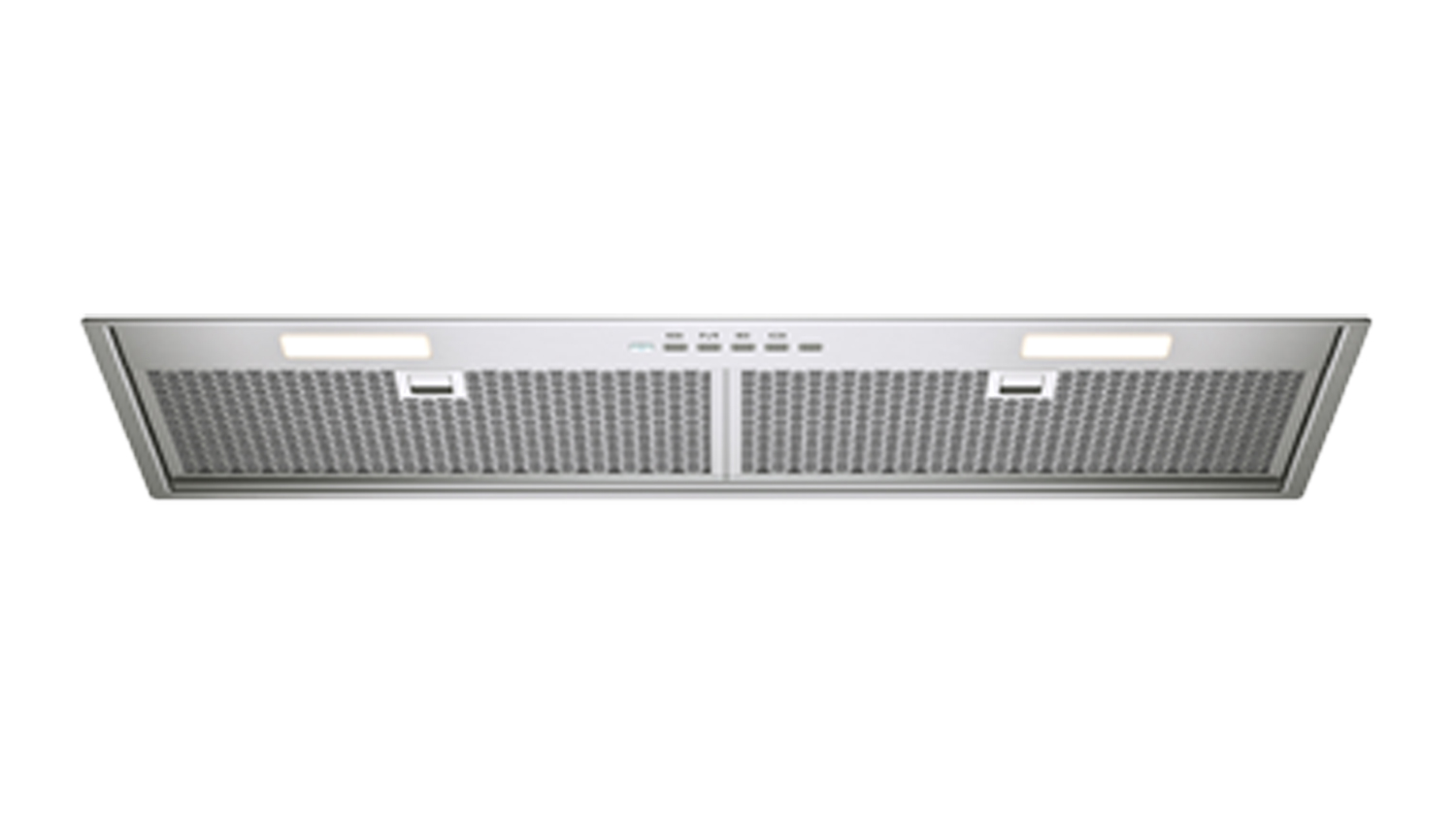 Stainless steel Smeg Classic 60cm undermount integrated range hood showing its bottom grid filters, built-in LED lights, and central buttons