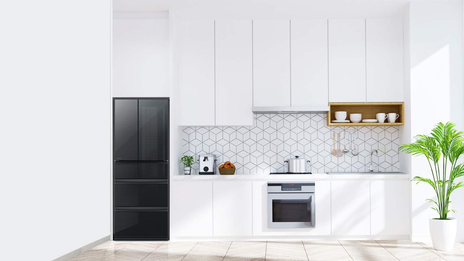 Mitsubishi Electric 470L French Door Fridge Freezer with Ice Maker - Diamond Black Glass (MR-WX470F-B-A)