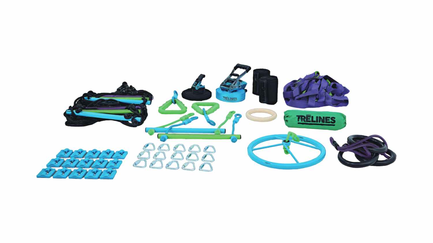 Trelines Ultimate Ninja Adventure Kit components, including a purple slackline, blue ratchets, climbing ladder, and rings