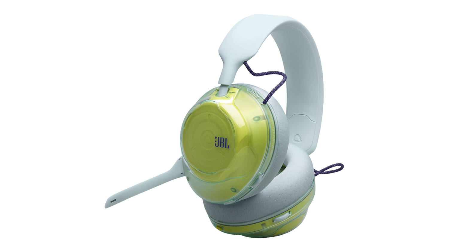 Angled view of the JBL Quantum 520 Wireless gaming headset with translucent neon green earcups, an ice white frame, purple accents, and an attached microphone