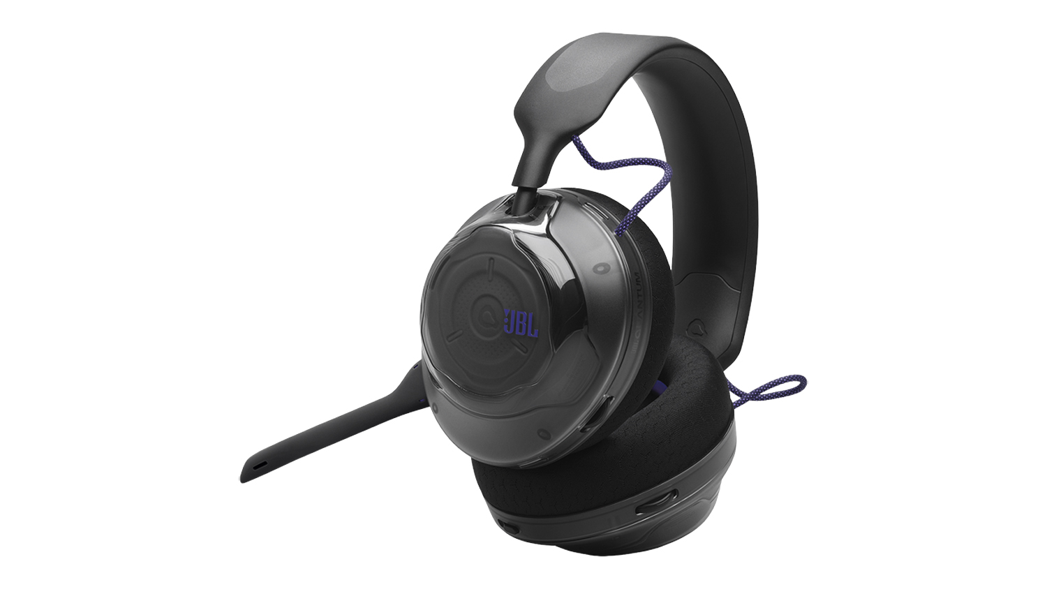 Side view of a black JBL gaming headset with a translucent smoky grey ear cup, purple accent cords, and a boom microphone