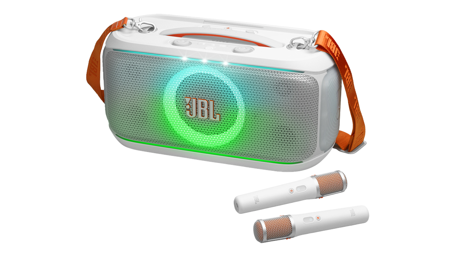 Angled view of the JBL PartyBox On-the-Go 2 Plus portable Bluetooth party speaker, featuring an orange strap, a dynamic green ring light, and two wireless microphones