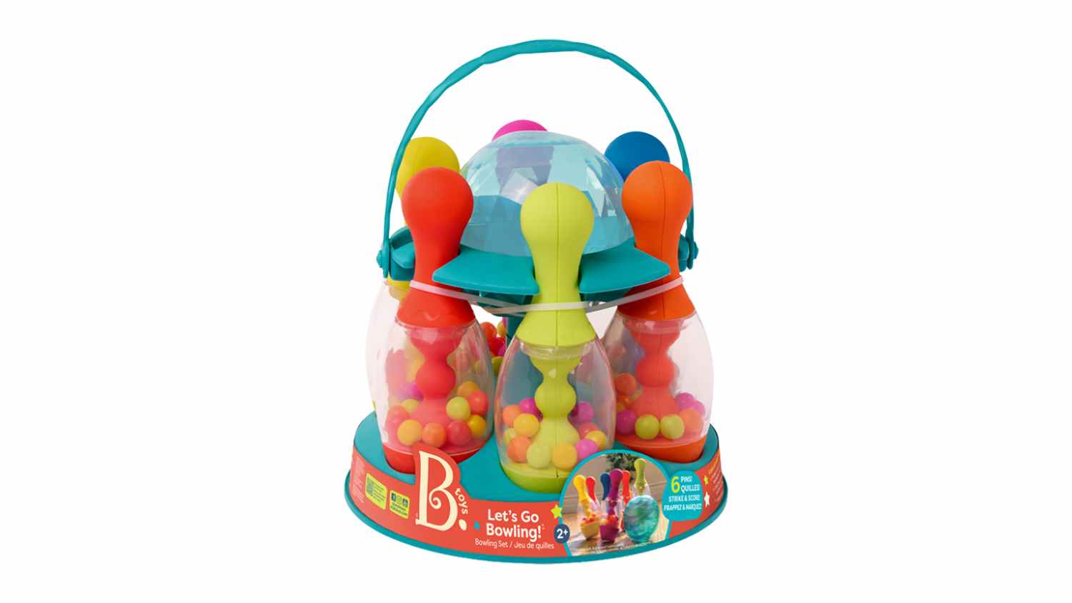 B. Toys Bowling Set with six colourful, ball-filled pins and a blue bowling ball in a carrying caddy