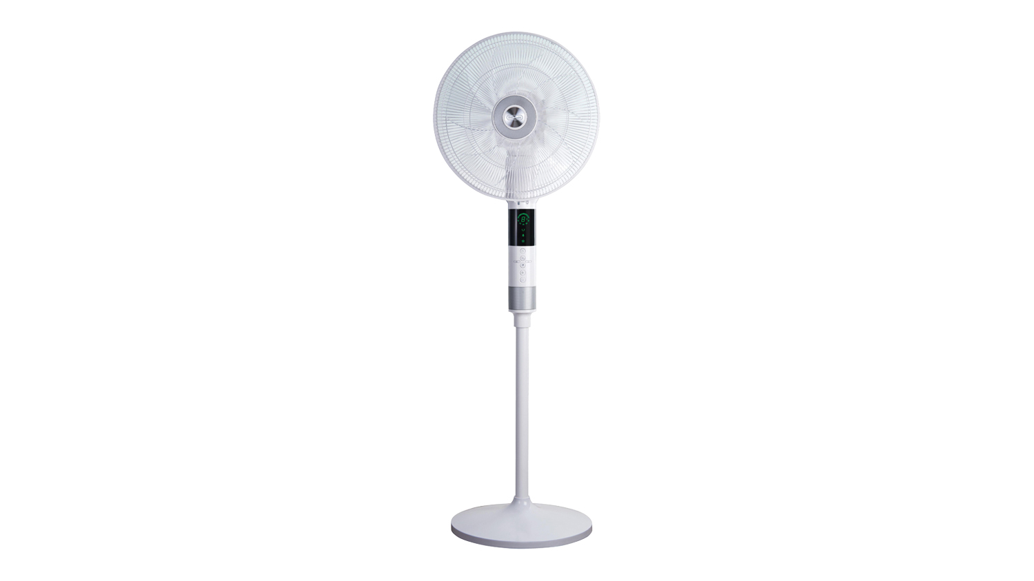 White DeLonghi 360 Degree 140cm Pedestal Fan with a circular base, adjustable stand, digital control display, and a mesh safety grille enclosing the blades