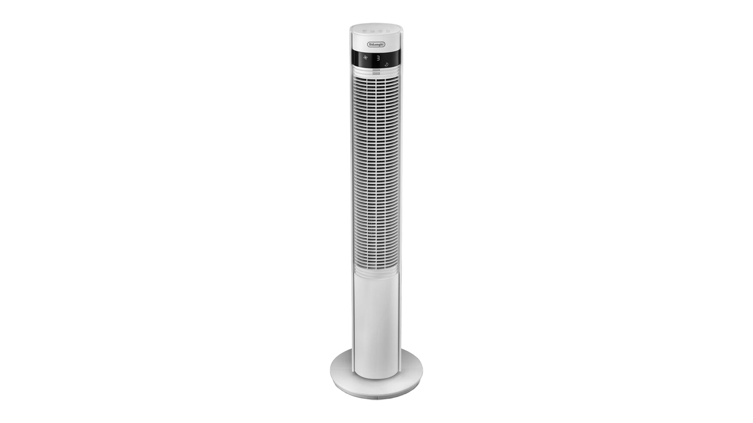 Front view of a white De'Longhi 110 cm tower fan featuring a tall, slender cylindrical body, a black digital display screen, and a circular base