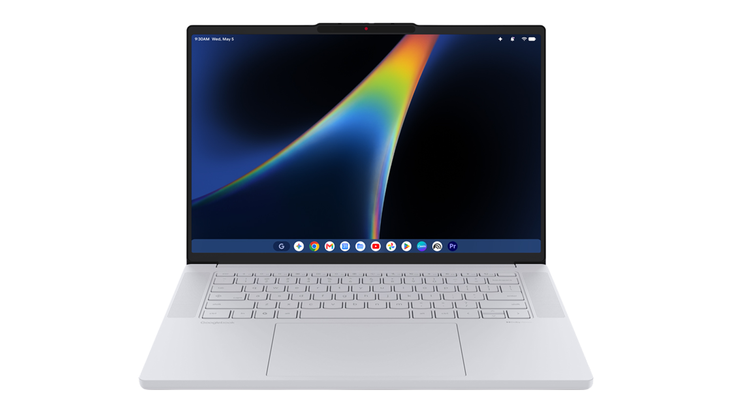 Direct front view of an open Cloud Grey Lenovo Googlebook 15.3 laptop showing screen and keyboard