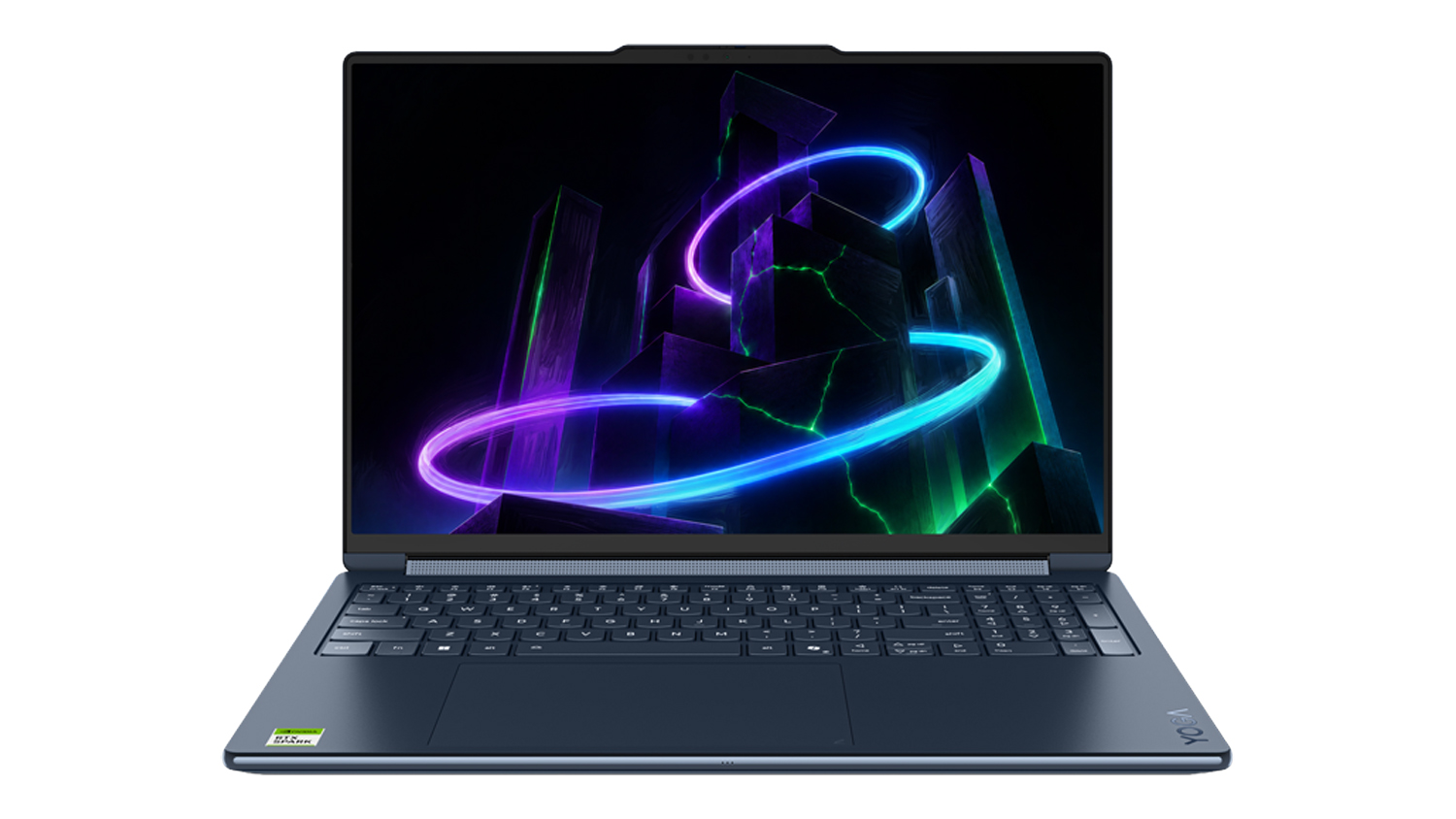 Front view of an open cosmic blue Lenovo Yoga 9 laptop with illuminated abstract screen display