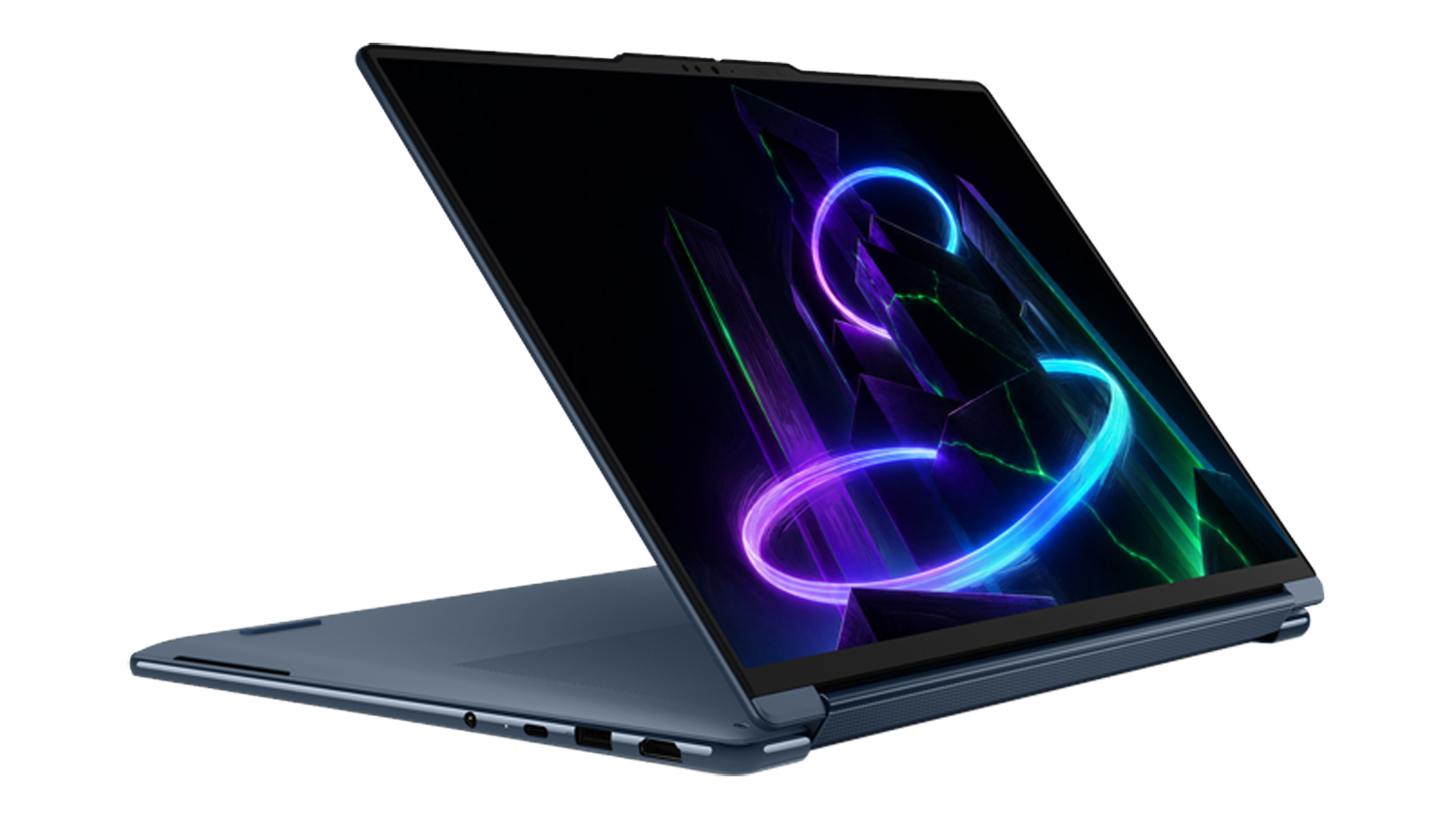 Angled right side view of a blue Lenovo Yoga 9 2-in-1 laptop