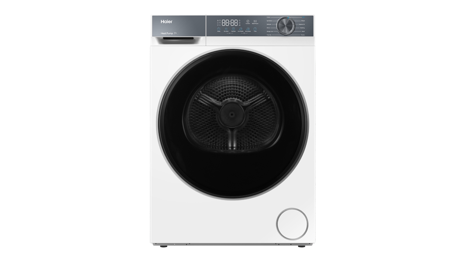 Direct front view of a white Haier 7kg heat pump condenser dryer with a black glass door