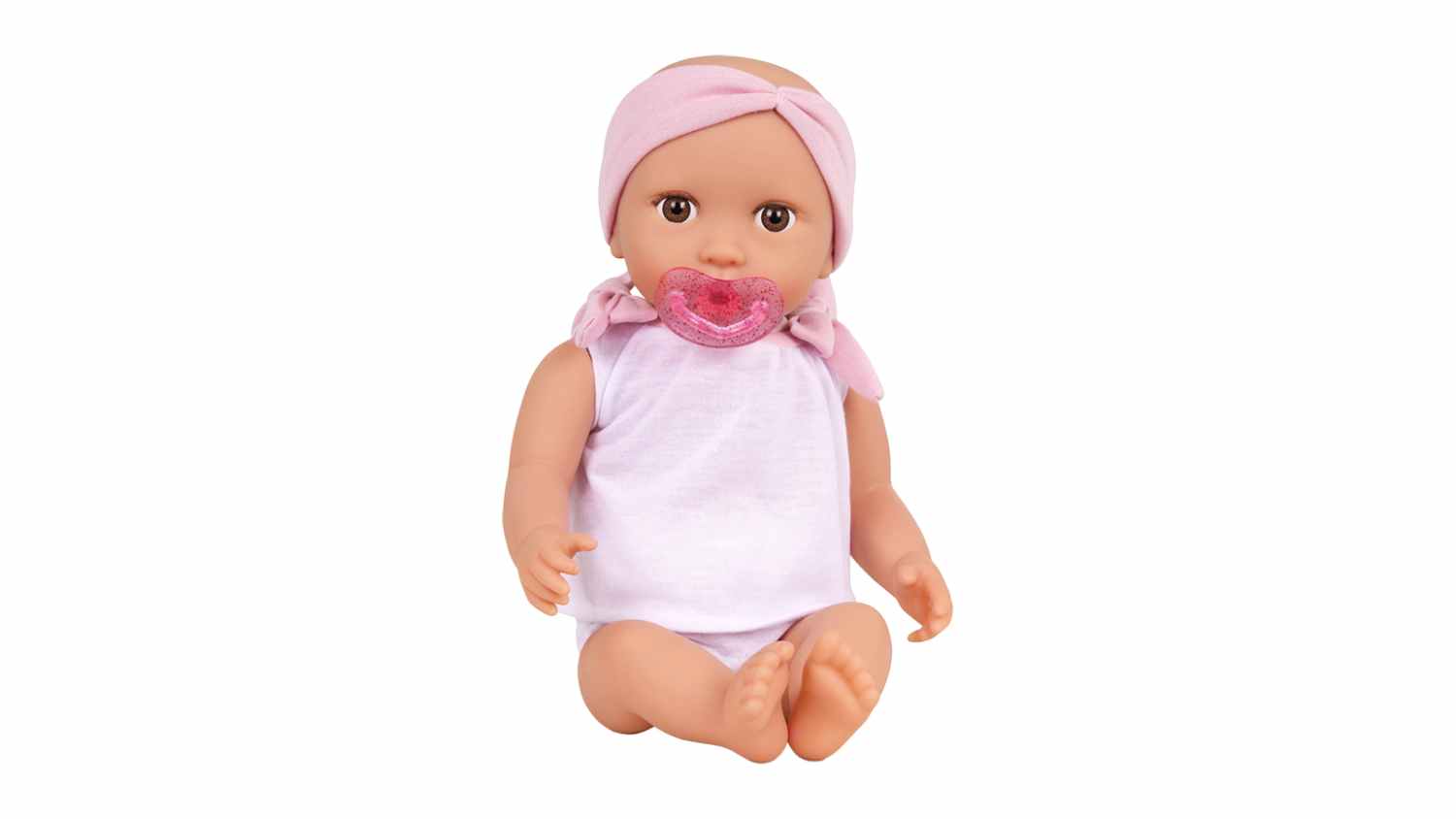 Front view of a LullaBaby 14-Inch Doll with a pink headband, white outfit, and glittery pink pacifier