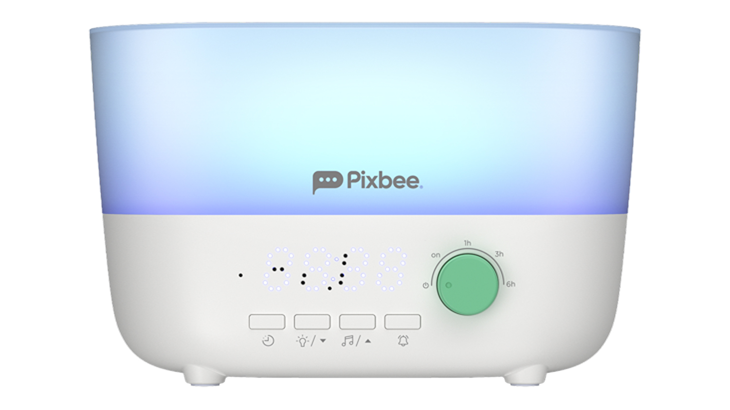 Front view of the Pixbee Baby SoftMist Wireless Smart 5-in-1 Nightlight Humidifier & Diffuser, featuring a green control knob, digital display, and button interface