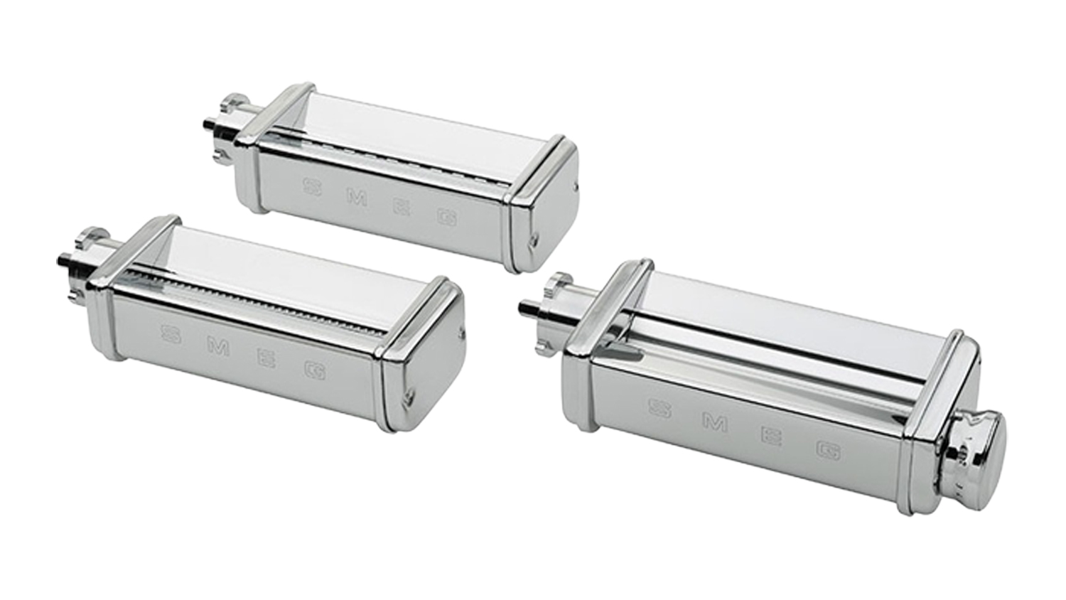 Top-angle view of the stainless steel Smeg Pasta Roller and Cutter Set for SMF stand mixer