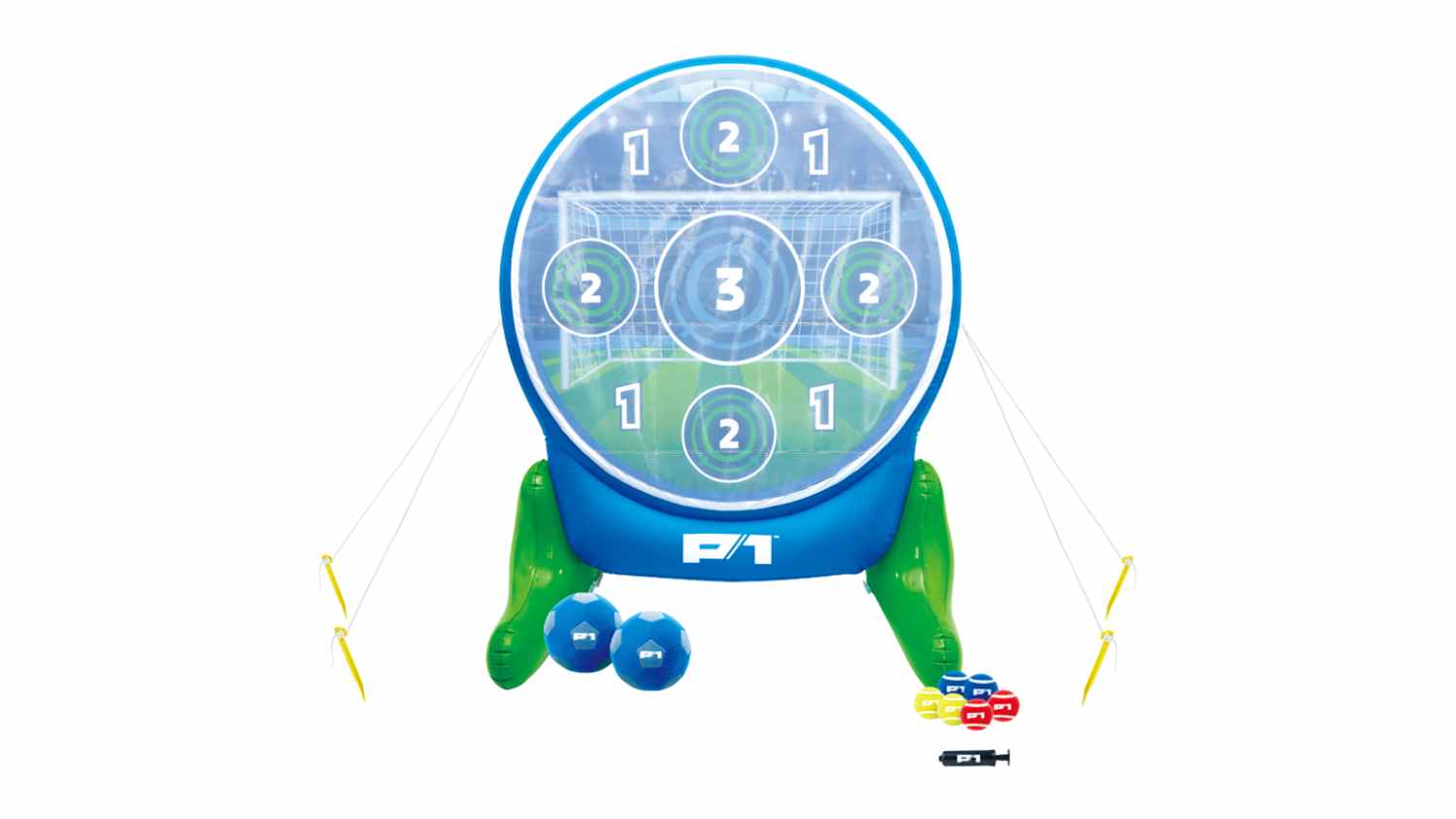 P1 Multizone Sports Tower Inflatable Soccer Dart Target Game with point targets, supported by green legs, including blue soccer balls and ground stakes