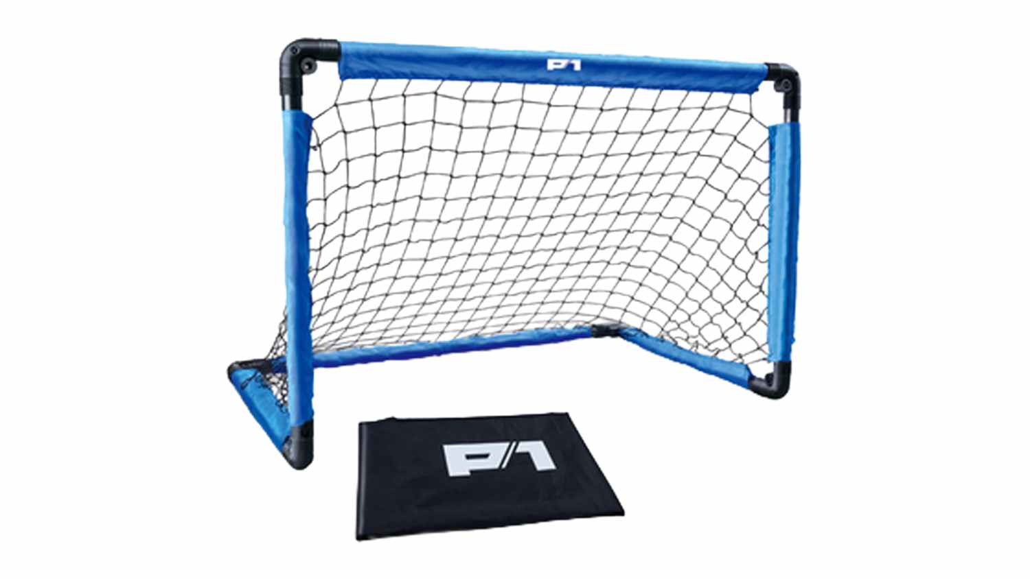 Blue and black P1 Fold and Go Soccer Goal with a net and a matching black carrying bag