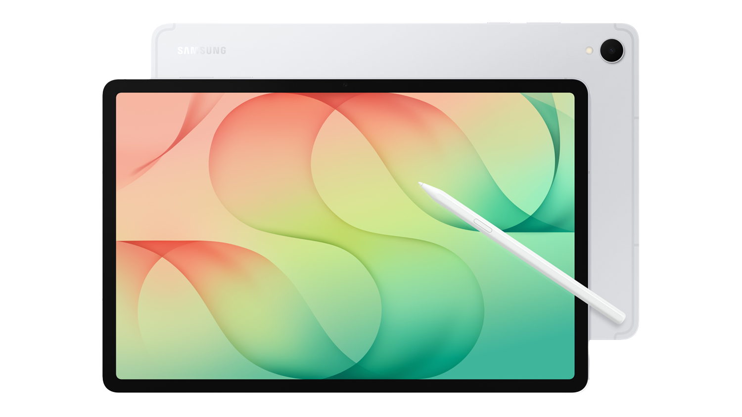 Samsung Galaxy Tab S12+ 12.6” Tablet with white S Pen resting diagonally across the colourful screen