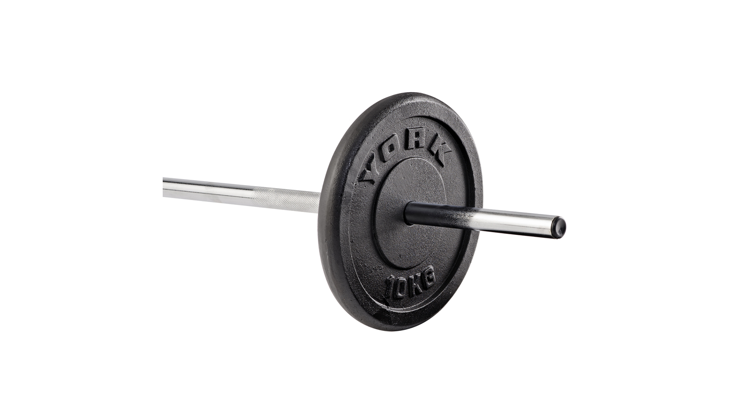 A right-angled view of the single black cast iron York 10kg barbell weight plate