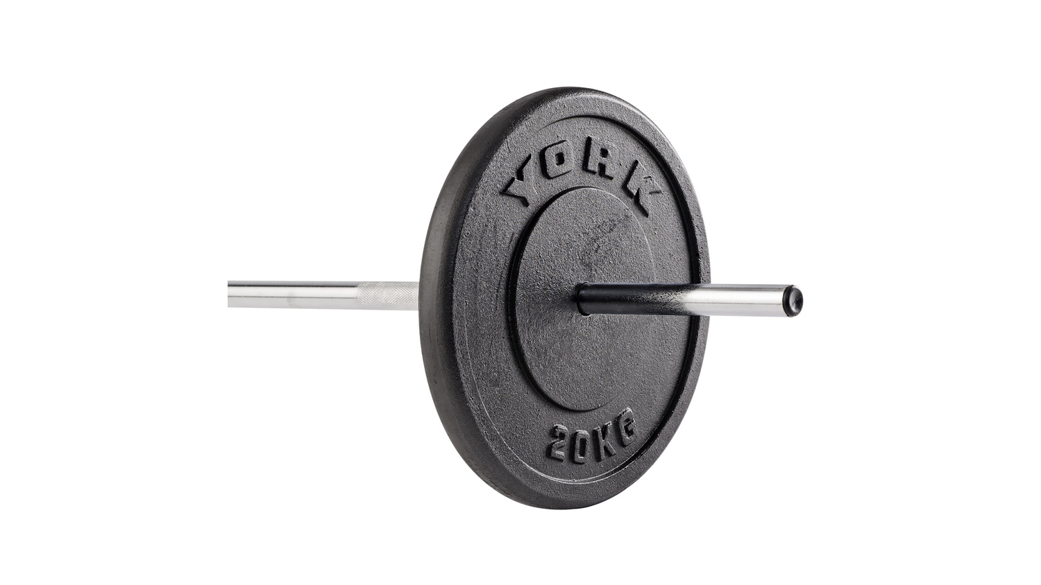 A right-angled view of the single black cast iron York 20kg barbell weight plate