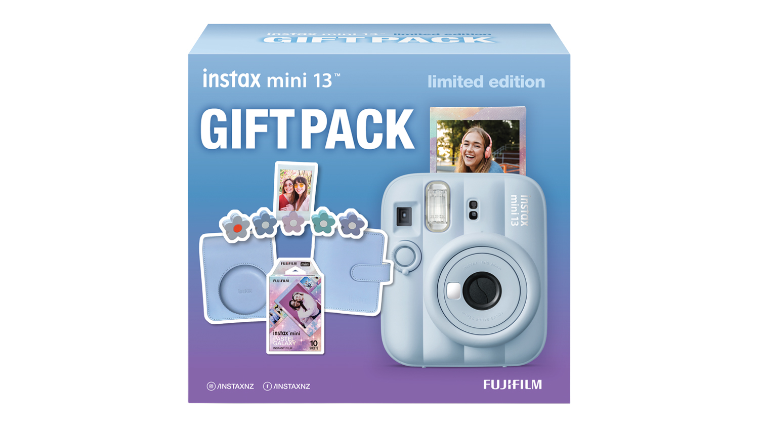 A front view of the frost blue Instax Mini 13 Instant Film Camera (Xmas 2026 Limited Edition Gift Pack)