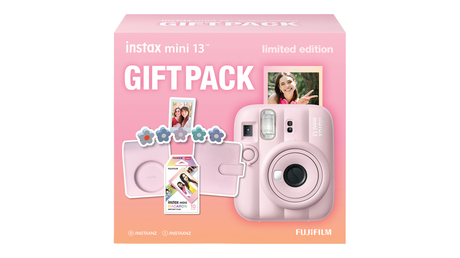 A front view of the candy pink Instax Mini 13 Instant Film Camera (Xmas 2026 Limited Edition Gift Pack)