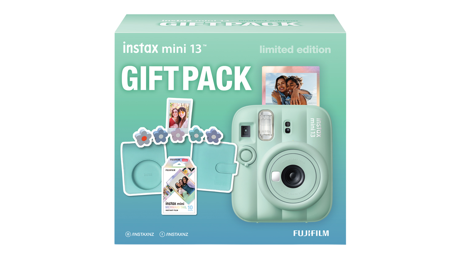 A front view of the lagoon green Instax Mini 13 Instant Film Camera (Xmas 2026 Limited Edition Gift Pack)