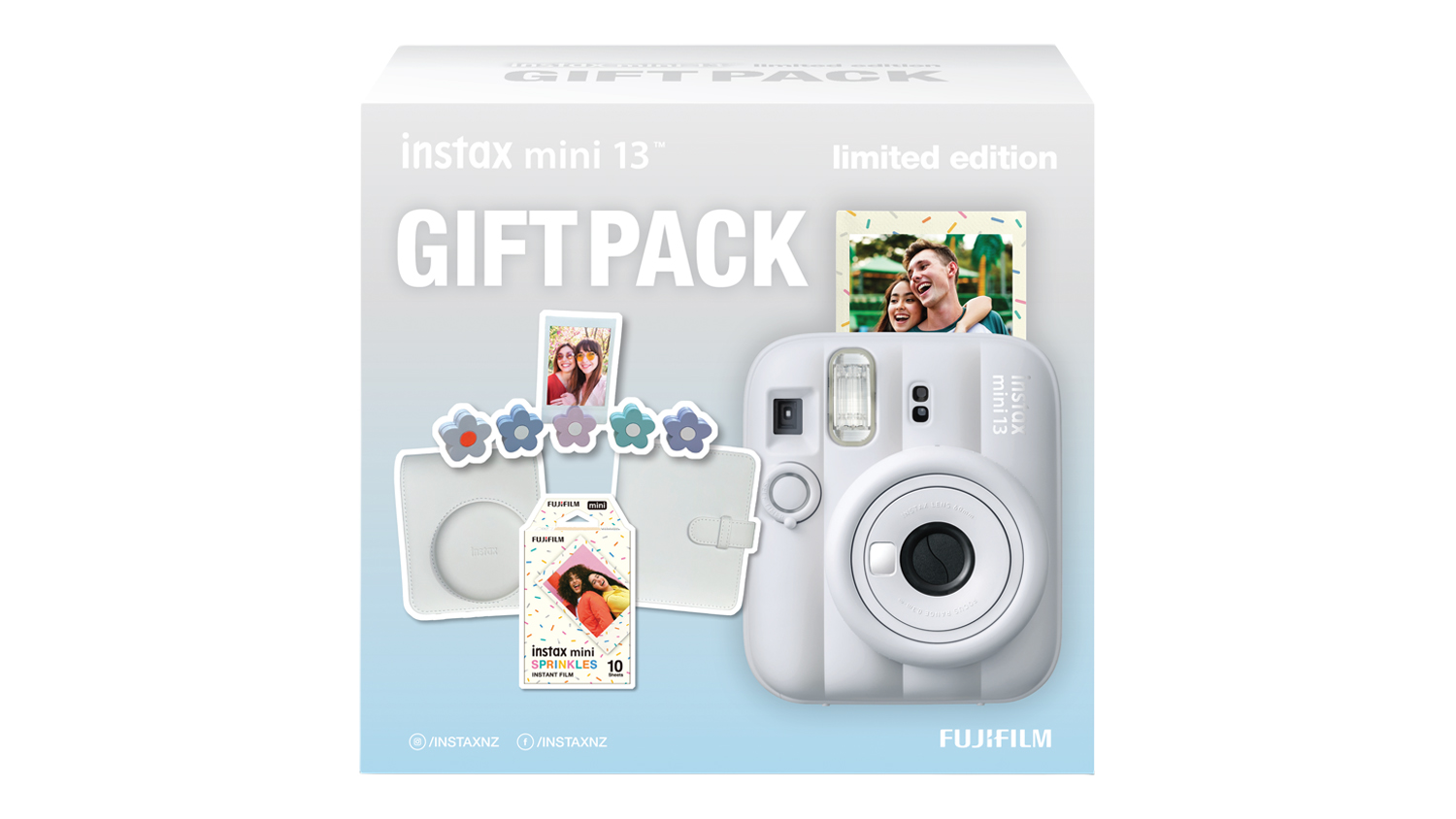 A front view of the clay white Instax Mini 13 Instant Film Camera (Xmas 2026 Limited Edition Gift Pack)