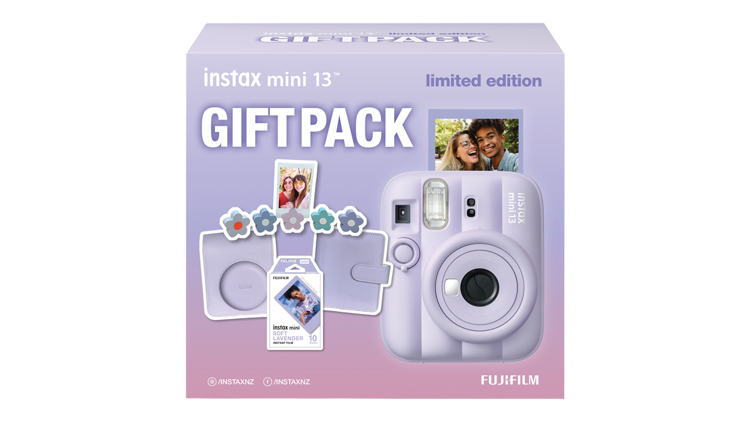 A front view of the dreamy purple Instax Mini 13 Instant Film Camera (Xmas 2026 Limited Edition Gift Pack)