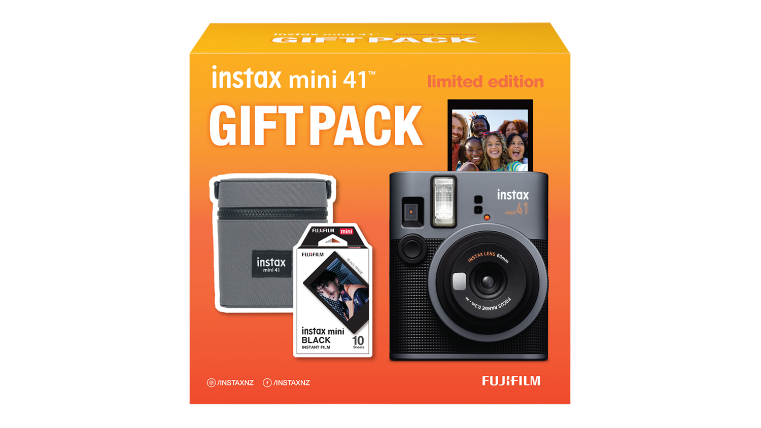 A front view of the black Instax Mini 41 Instant Film Camera (Xmas 2026 Limited Edition Gift Pack)