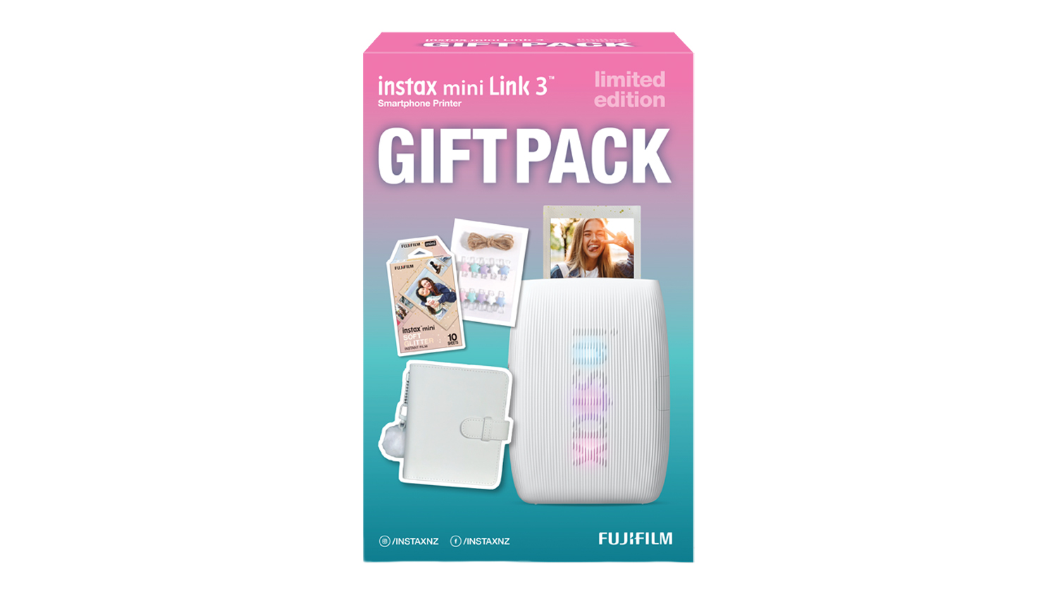 A front view of the clay white Instax Mini Link 3 86mm x 54mm Photo Printer Xmas 2026 Limited Edition Gift Pack