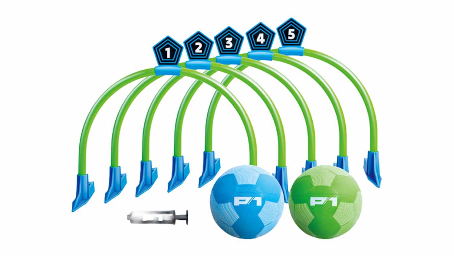 Green P1 Train and Play Kick Croquet arch-shaped wickets, numbered one through five, standing behind a blue soccer ball, a green soccer ball, and a pump