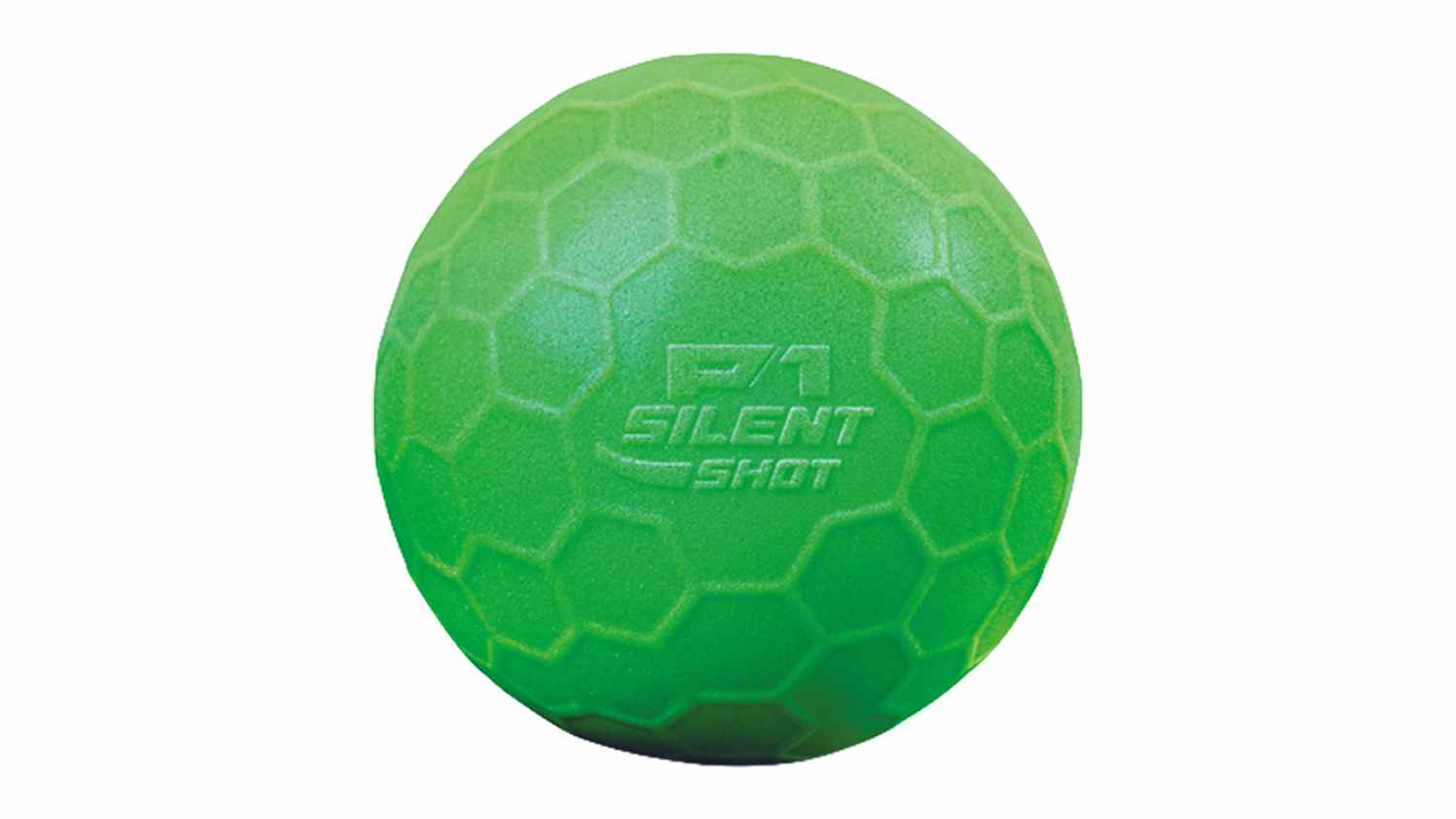 A green, textured foam P1 Silent Shot Crossover Ball, featuring a honeycomb pattern and the words "P1 SILENT SHOT" embossed on the front