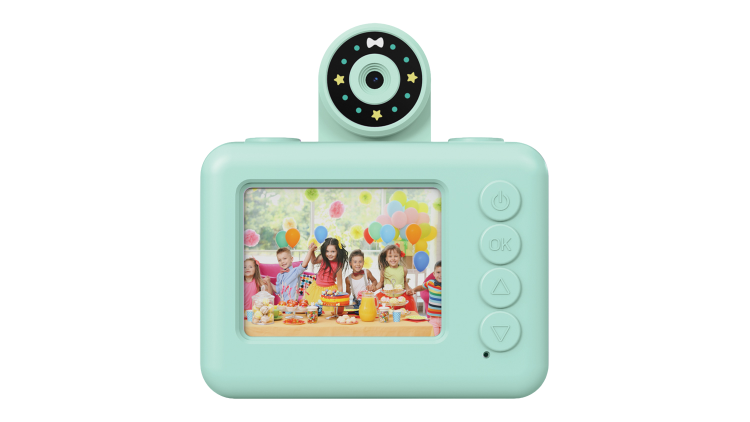 Front view of the mint green Pixbee PixPlay (Gen 2) Digital Camera for Kids, showing the rear screen displaying a children's party, with side buttons and a flip lens
