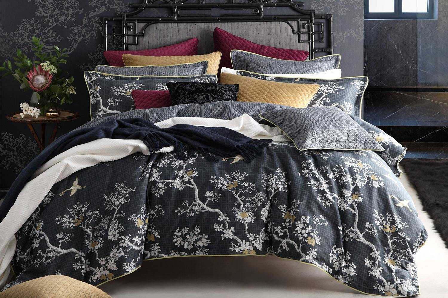 The Cranes Charcoal Duvet Cover Set By Florence Broadhurst