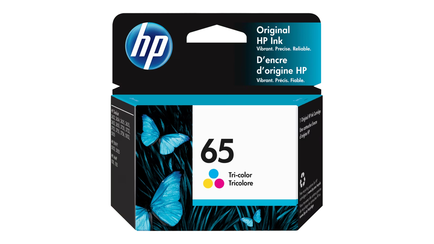 An image of the HP 65 Ink Cartridge box in tri-colour