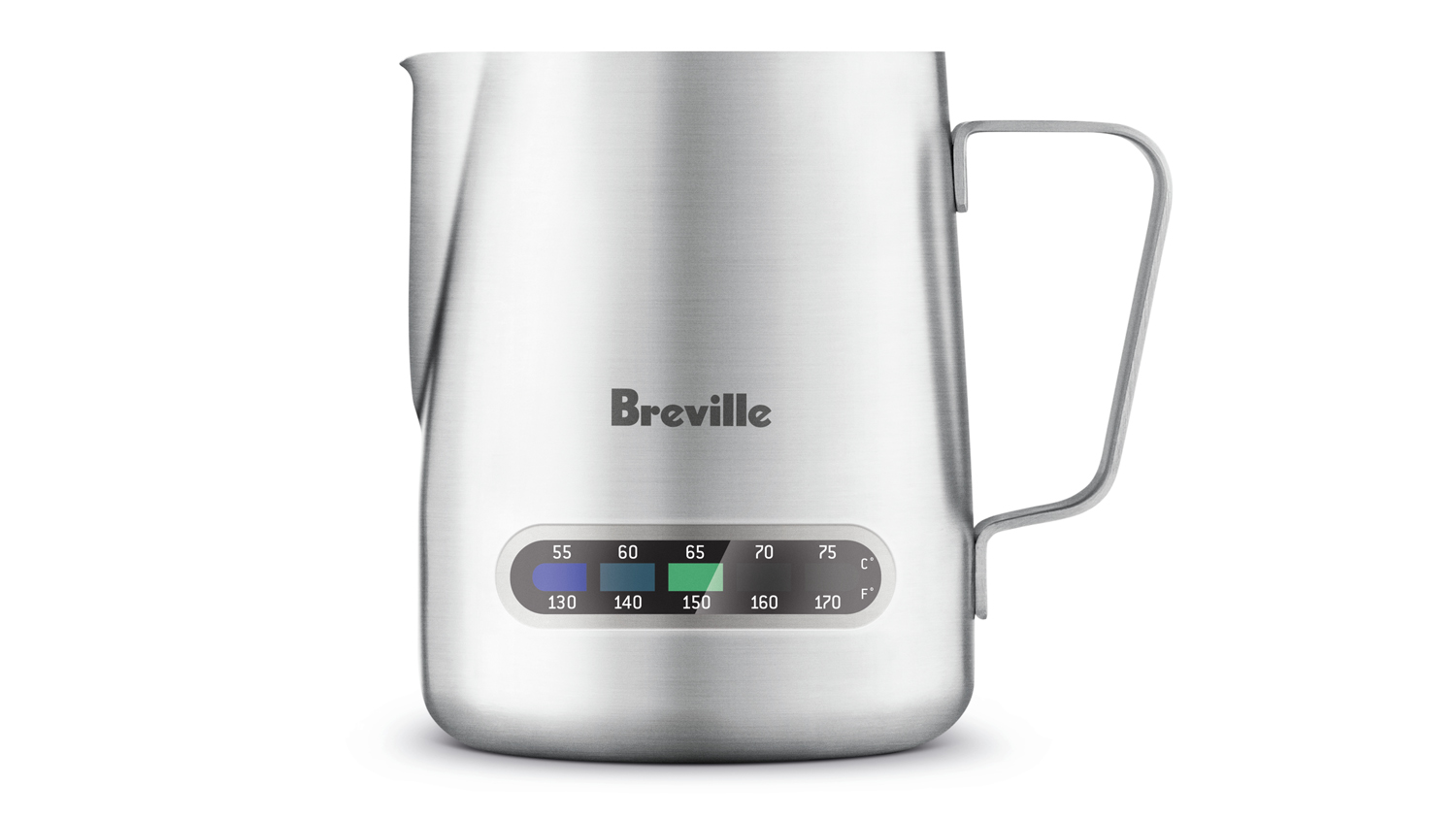 A stainless steel Breville milk frothing jug with a built-in temperature gauge.
